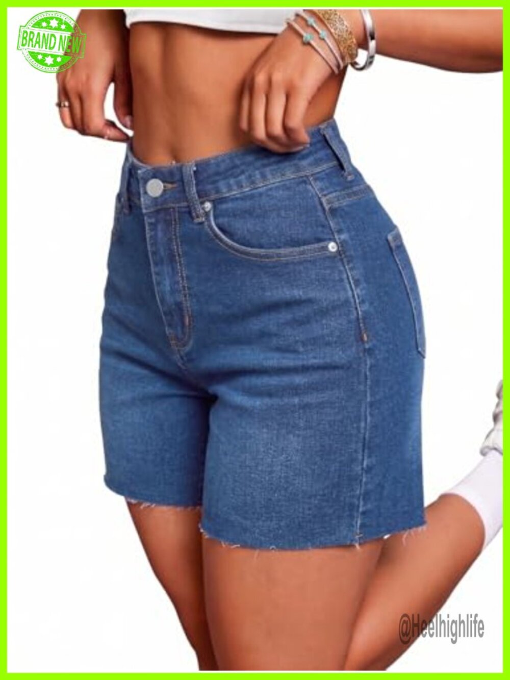 Women's Mid High Rise Stretchy Denim Jean Shorts Raw Hem Summer Casual